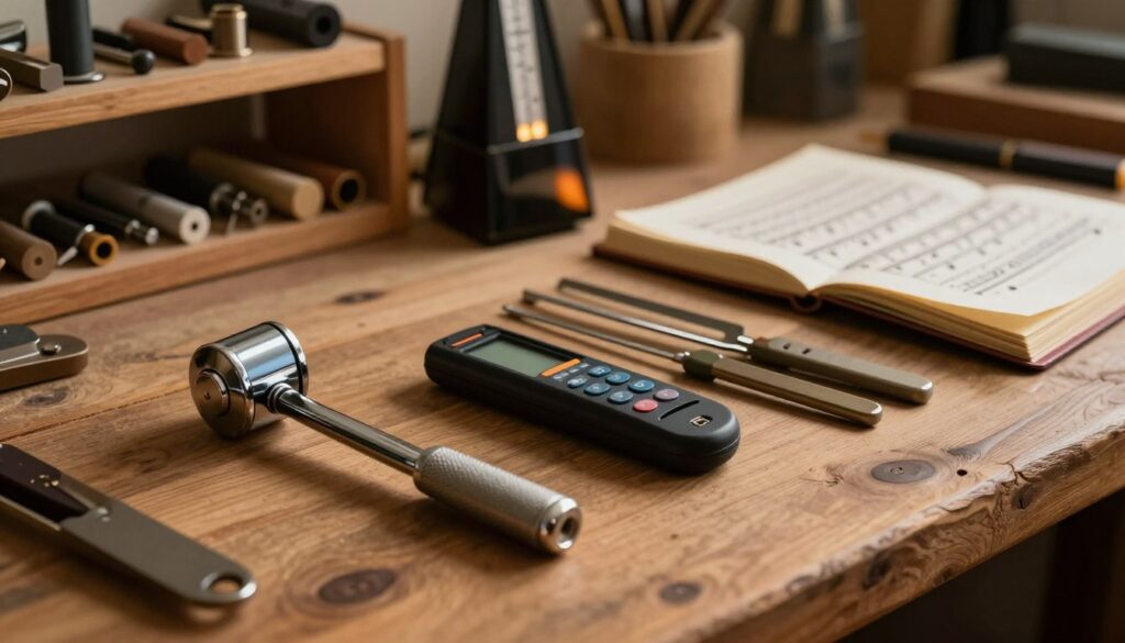 A beautifully arranged collection of piano tuning tools lying on a rustic wooden workbench. In the foreground, showcase a chrome tuning lever with a comfortable grip, a set of electronic tuners glistening in soft light, and a set of tuning forks arranged neatly. In the middle ground, include a manual for piano tuning, partially open, with pages curling slightly, and a vintage metronome reflecting warm tones. The background should feature blurred shelves filled with spare piano parts and tools, creating a cozy workshop atmosphere. The lighting is warm and inviting, casting gentle shadows that enhance the texture of the wood. Capture the mood of focused craftsmanship and dedication to the art of piano tuning.