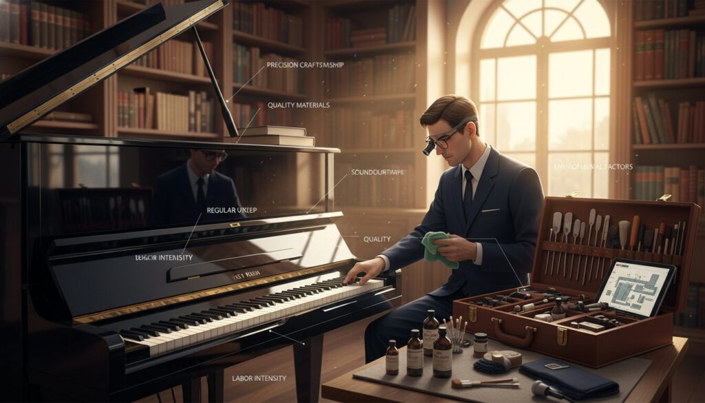 A beautifully organized piano maintenance workspace, featuring an upright piano in the foreground, showcasing its polished surface and glossy finish. A skilled technician, dressed in professional attire, carefully inspects the piano keys, with various cleaning tools and products neatly arranged beside them. In the middle, a large toolkit with brushes, cloths, and a tuning fork is displayed, representing essential maintenance equipment. In the background, a softly lit room with wooden shelves filled with piano manuals and a window allowing warm, natural light to filter through, creating a welcoming atmosphere. The overall mood is serene and focused, emphasizing the importance of careful piano upkeep and the factors that influence cleaning and maintenance costs.