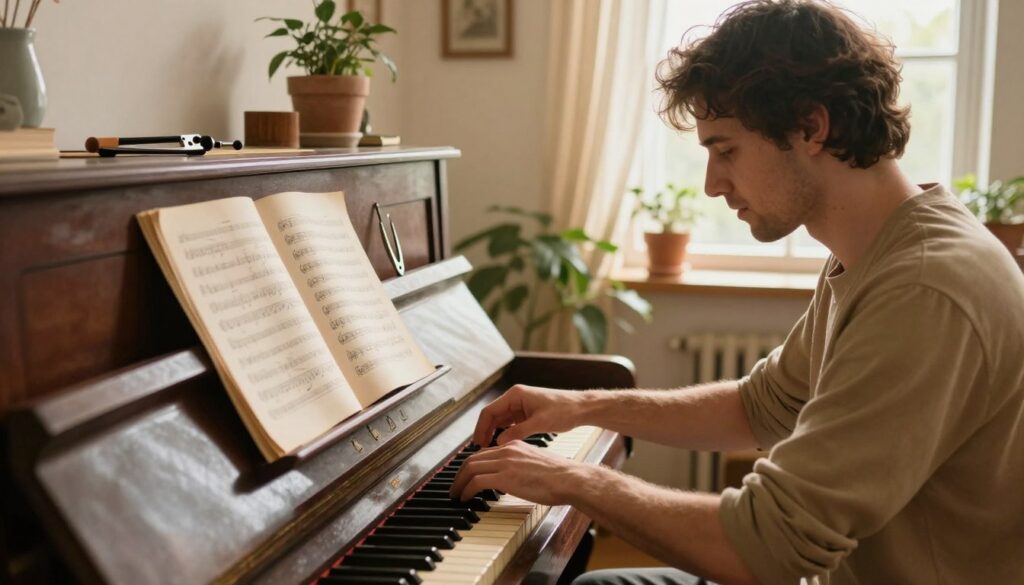 A beautifully restored old piano in a cozy, sunlit room serves as the focal point of the image. In the foreground, a technician in smart, casual clothing adjusts the piano's tuning pegs, showcasing dedicated craftsmanship. The middle ground features open sheet music and a small tuning fork resting on the piano. In the background, soft natural light streams through a large window adorned with sheer curtains, illuminating the room’s vintage decor—rustic wooden accents and potted plants that add warmth. The atmosphere is inviting and serene, conveying a sense of nostalgia and the profound joy that comes from reviving an old instrument. Use a warm, golden hue to enhance the feeling, with a shallow depth of field to focus on the intricacies of the piano and the technician's hands.