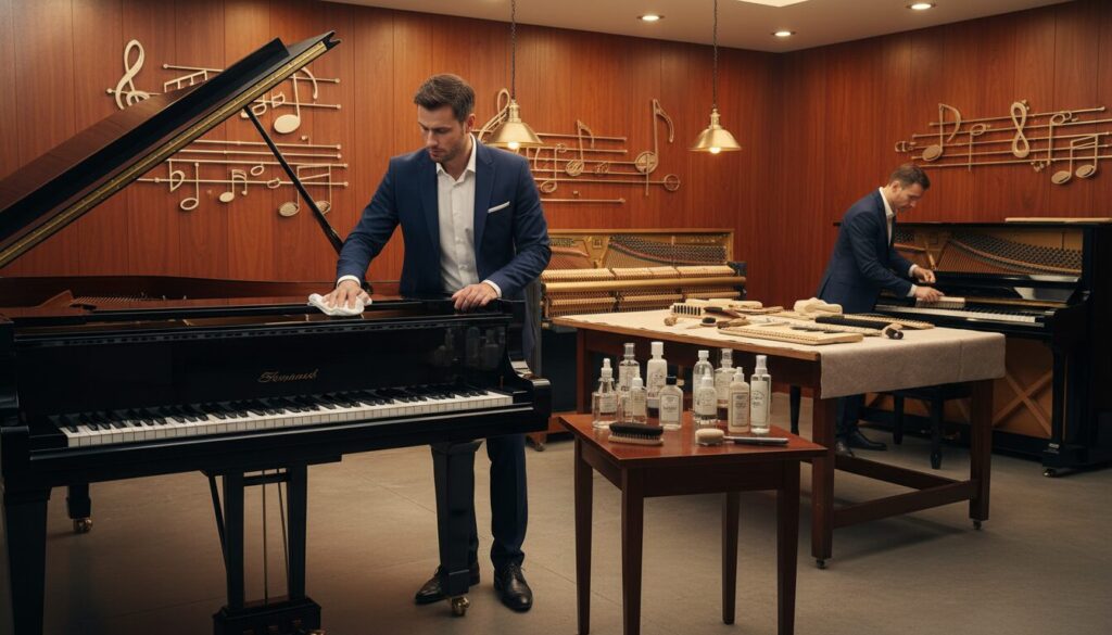 A clean and tidy piano workshop showcasing a professional piano cleaning service in action. In the foreground, a well-dressed technician in business attire gently polishes a grand piano, reflecting dedication and care in their work. The technician holds a soft cloth, and a variety of cleaning products are neatly arranged on a polished wooden table nearby. In the middle ground, an upright piano is displayed, with parts laid out beside it, indicating a thorough cleaning process. The background features warm, soft lighting coming from overhead lamps, creating a welcoming and organized atmosphere. Wood paneling on the walls enhances the rich aesthetics of the music space. The overall mood is professional, informative, and focused on the meticulous nature of piano care.
