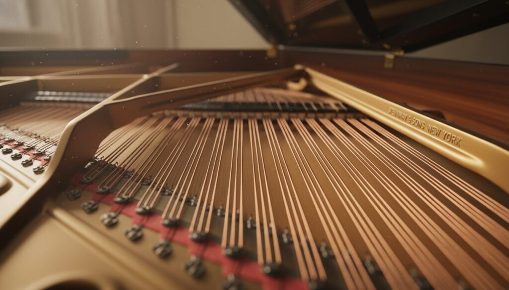 A close-up overview of piano strings, showcasing their intricate arrangement inside the piano body. In the foreground, focus on several taut strings glinting under soft, warm lighting, highlighting their metallic sheen and subtle variations in tension. The middle layer captures the wooden frame of the piano, emphasizing rich textures and polished surfaces. In the background, suggest a blurred view of the piano's soundboard, allowing the viewer to appreciate the depth and craftsmanship of the instrument. Use a low-angle perspective to enhance the majesty of the piano's interior, conveying a feeling of wonder and reverence. The overall atmosphere should be serene and inviting, perfect for illustrating the beauty and complexity of piano strings.