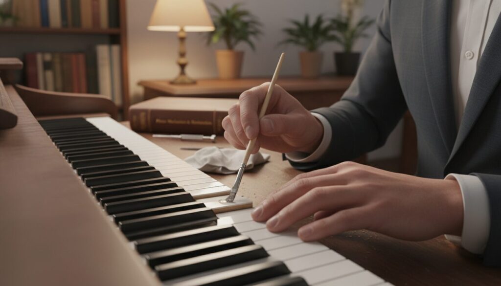 A close-up scene of a piano keyboard focusing on a few sticky piano keys in the foreground. The shiny black and white keys are intricately detailed, showcasing the texture of the surface. A pair of hands in professional business attire, carefully applying a lubricant to the sticky keys with a small brush. In the middle ground, an open piano repair guide book lies next to the piano, with diagrams and tools like a small screwdriver and a cleaning cloth scattered around. The background shows a softly lit room with warm tones, creating a cozy atmosphere. The lighting is soft and focused on the keys, highlighting the repair process while maintaining a calm and instructive mood.