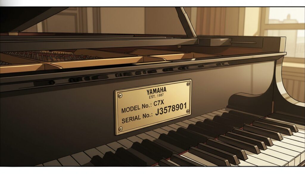 A close-up view of a Yamaha piano's serial number plate, prominently displayed on the instrument's elegant polished wood surface. The foreground features the intricate details of the serial number itself, with clear engraving that showcases the numbers alongside the model name. In the middle ground, the camera captures the beautifully crafted structure of the piano, emphasizing its craftsmanship and high-quality materials. The background should be softly blurred to create a warm, inviting atmosphere, with soft, natural lighting highlighting the rich tones of the wood. The angle is slightly tilted from above, offering a dynamic perspective without any distractions. The overall mood is informative and professional, ideal for readers seeking to understand how to interpret the serial number of a Yamaha piano, focusing exclusively on the piano itself without any text or additional elements.
