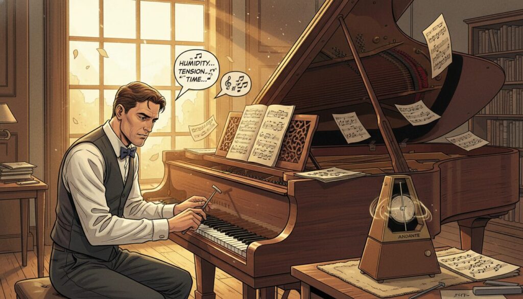 A close-up view of a grand piano being tuned in a soft, warmly lit room. In the foreground, a skilled piano tuner in professional attire, focused and carefully adjusting the piano keys using tuning tools. The middle ground features the piano itself, showcasing its polished wood finish, intricate key mechanisms, and a few visible tuning pins. In the background, a large window lets in natural light, illuminating the room filled with musical notes on sheet music scattered around, and a metronome ticking gently. The atmosphere is calm and contemplative, evoking a sense of precision and care as the piano tuner works, highlighting the factors affecting the stability of the piano's tuning.