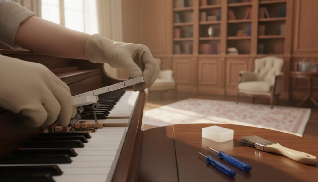 A close-up view of a piano keyboard, specifically highlighting one sticky key among the others. The foreground features a pair of hands wearing light work gloves delicately lifting the sticky key, revealing its internal mechanism. The middle ground includes a few common tools for piano repair, such as small screwdrivers, a block of silicone lubricant, and a cleaning brush, neatly arranged beside the keyboard. The background showcases an elegant, softly lit room with wooden furnishings, enhancing a warm atmosphere. Natural sunlight filters through a nearby window, casting gentle shadows and illuminating the scene. The overall mood is professional yet approachable, creating an inviting environment for DIY piano repair enthusiasts.