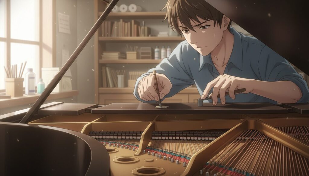 A close-up view of a skilled piano tuner in a modest workshop, focusing intently on the delicate process of piano tuning. The foreground features the technician's hands expertly adjusting the tuning pins with specialized tools, showcasing their concentration and professionalism. The middle ground displays a well-maintained grand piano with the lid open, revealing its intricate inner workings, while soft light reflects off the polished wood, highlighting its elegance. In the background, shelves filled with tuning tools and piano care supplies subtly suggest a thorough, organized workspace. The ambiance is warm and inviting, suggesting a serene and focused atmosphere ideal for craftsmanship. Use soft, natural lighting to convey a sense of care and expertise, capturing the essence of the piano tuning process.