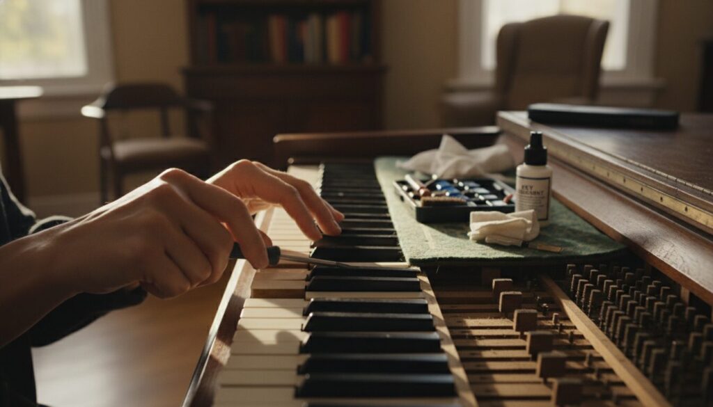 A close-up view of a well-worn piano keyboard featuring a few sticky keys. In the foreground, hands with delicate fingers gently lift one of the sticky keys, revealing the internal mechanism underneath. The middle ground shows a small toolkit containing various tools like a screwdriver, lubricant, and cleaning cloths, thoughtfully arranged on a piano tuning mat. The background captures a warm, softly lit room with wooden furniture, giving a cozy and inviting atmosphere. The light source should emanate from a nearby window, creating gentle shadows that enhance the texture of the piano. The overall mood is focused and informative, aimed at a DIY enthusiast ready to tackle piano maintenance at home.