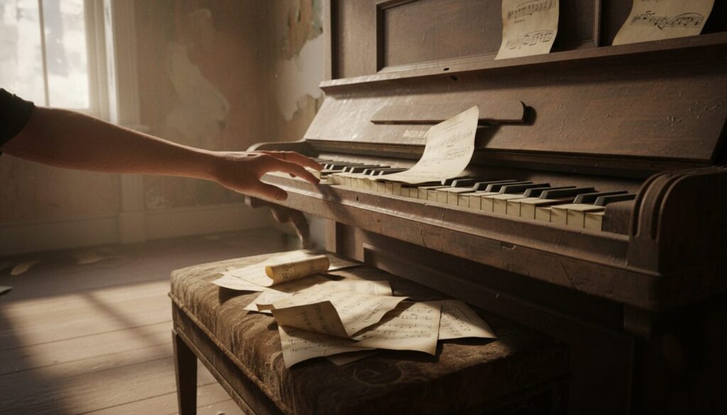 A close-up view of an old, out-of-tune piano in a dimly lit room, highlighting its slightly cracked keys and dusty surface. In the foreground, a hand reaches towards a key, showcasing the contrast between the shiny, polished areas and the worn-out spots. In the middle ground, sheet music lies scattered, with visible signs of age and moisture. The background features faded walls with peeling paint, suggesting neglect. Warm, soft light filters through a nearby window, casting gentle shadows and creating a melancholic atmosphere. The scene conveys a sense of abandonment and the consequences of neglecting piano tuning, evoking an emotional response about the importance of regular instrument care.