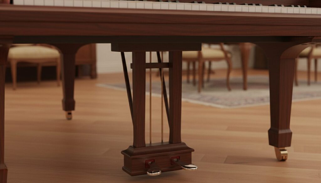 A close-up view of piano pedals, focusing on the three distinct pedals—damper, sostenuto, and una corda. The pedals should be made of polished metal and positioned just below the keyboard of a grand piano, showcasing their elegant design and functionality. The foreground captures the pedals in precise detail, with a slight reflection on their surface. In the middle ground, the beautifully finished wooden piano body exhibits rich grain patterns. The background remains slightly blurred to emphasize the pedals, utilizing soft, warm lighting to create an inviting and educational atmosphere. The angle should be slightly elevated, providing a clearer view of the pedal mechanism and their connection to the piano. The overall mood is professional and informative, suitable for a musical context.