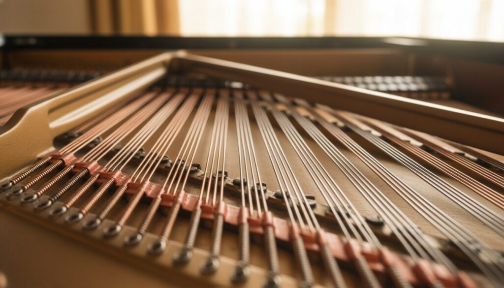 A close-up view of piano strings showcasing their intricate details. In the foreground, several strings shimmer with a reflective metallic finish, highlighting the tension and composition of each one. The middle layer features a section of the piano frame, partially visible, emphasizing the connection between the strings and the soundboard. In the background, soft, diffused lighting creates a warm atmosphere, illuminating the wood grain of the piano and enhancing the strings' texture. The angle is slightly elevated, providing a comprehensive overview of the strings while capturing the elegance of the piano's engineering. The overall mood is serene and inviting, perfect for illustrating the fascinating properties of piano strings.
