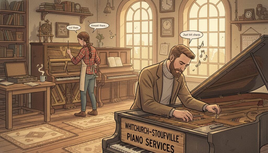 A cozy, inviting scene depicting professional piano tuners at work in a warm and rustic setting in Whitchurch-Stouffville. In the foreground, a skilled piano tuner, dressed in smart casual attire, focuses intently on a grand piano, carefully adjusting its keys with precision tools. The middle ground features another tuner inspecting a smaller upright piano, surrounded by various tuning tools and sheet music. In the background, large windows let in soft, natural light, illuminating the room with a welcoming glow. The atmosphere is serene yet industrious, reminiscent of a quaint local music studio, filled with the subtle sound of piano notes being fine-tuned. The overall tone evokes trustworthiness and expertise in piano tuning.