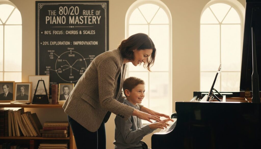 A cozy piano studio filled with natural light filtering through large windows, creating a warm, inviting atmosphere. In the foreground, a focused piano teacher, dressed in smart casual attire, demonstrates a piano technique to an enthusiastic young student seated at a polished grand piano. Their expressions reflect determination and joy in the learning process. On the wall behind them, a large wall chart illustrating the 80/20 rule is partially visible, showcasing key chord progressions and techniques. In the background, shelves filled with musical books and a metronome enhance the learning environment. The lighting is soft, creating a serene mood that emphasizes creativity and focus, with a shallow depth of field to draw attention to the teacher and student.