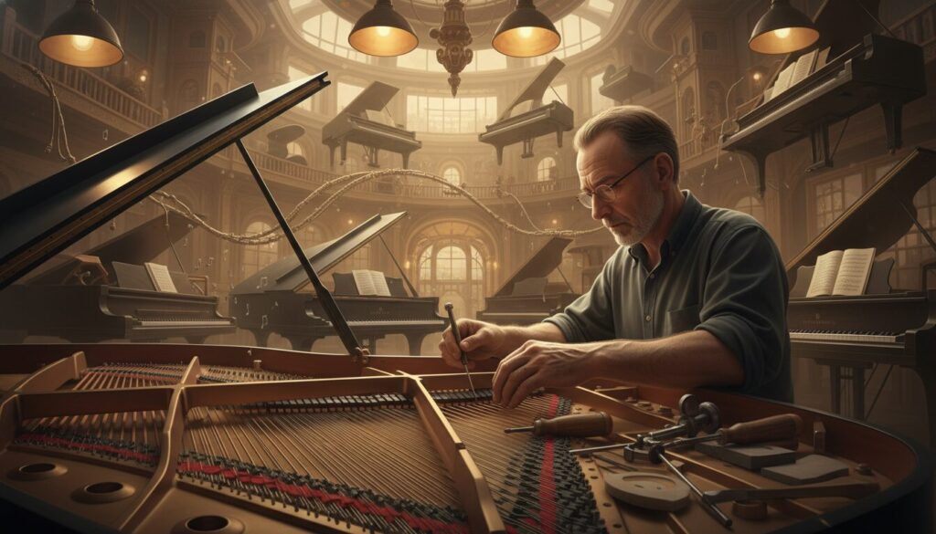 A cozy piano workshop in Toronto, focused on experienced piano technicians at work. In the foreground, a middle-aged technician with glasses adjusts the strings of a grand piano, his expression serious and focused. He wears a professional button-up shirt with sleeves rolled up and carries tools like tuning forks and a screwdriver. In the background, a well-lit room filled with various pianos, showcasing an array of acoustic and digital models. Soft, warm lighting emanates from overhead fixtures, creating an inviting atmosphere. The composition is shot with a shallow depth of field, emphasizing the technician's hands and tools while softly blurring the pianos around him, conveying a mood of expertise and trustworthiness.