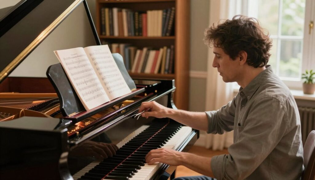 A cozy, well-lit home interior featuring a person gently tuning a grand piano. The foreground showcases the pianist, a middle-aged individual in smart casual attire, focused and relaxed as they adjust a piano tuning fork against the strings. In the middle ground, the elegant grand piano gleams under soft, warm lighting, with polished wood reflecting the ambient glow. Behind, a bookshelf filled with music sheets and books creates a serene atmosphere, while a window allows natural light to filter in, casting gentle shadows. The overall mood is inviting and instructional, conveying a sense of calm and creativity, perfect for showcasing the process of piano tuning.