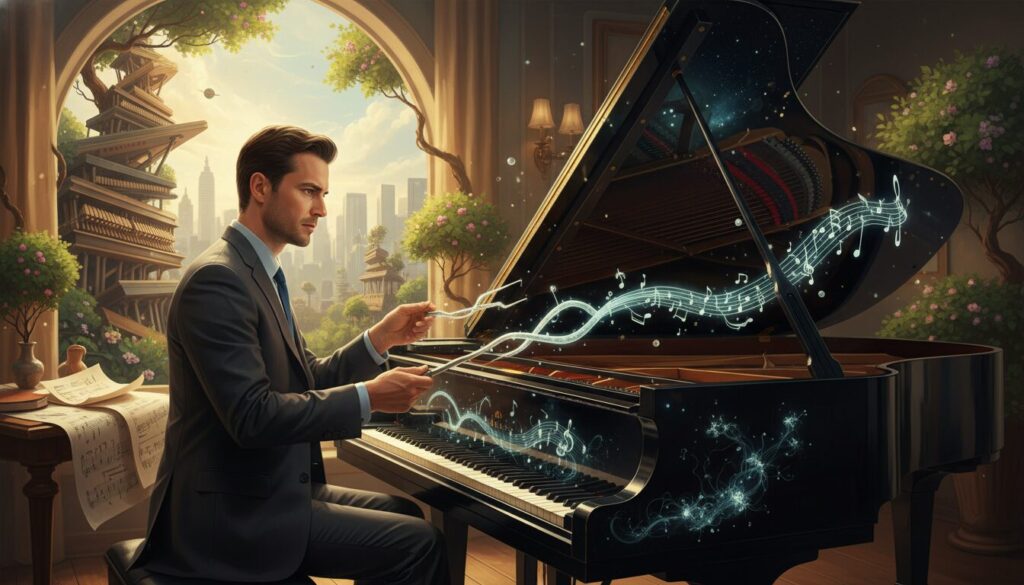 A cozy, well-lit room showcasing a skilled male piano technician meticulously tuning a grand piano. In the foreground, the technician is focused and precise, dressed in professional business attire, using tuning tools like a tuning fork and mutes. The middle ground highlights the elegant grand piano with its glossy finish, reflecting warm ambient light. On a nearby table, sheet music is neatly arranged, enhancing the musical atmosphere. In the background, soft focus reveals a charming Toronto skyline through a large window, with greenery visible outside. The overall mood is calm, inviting, and professional, conveying expertise in piano tuning services while highlighting the urban Toronto setting, captured in soft natural light for a warm feeling.