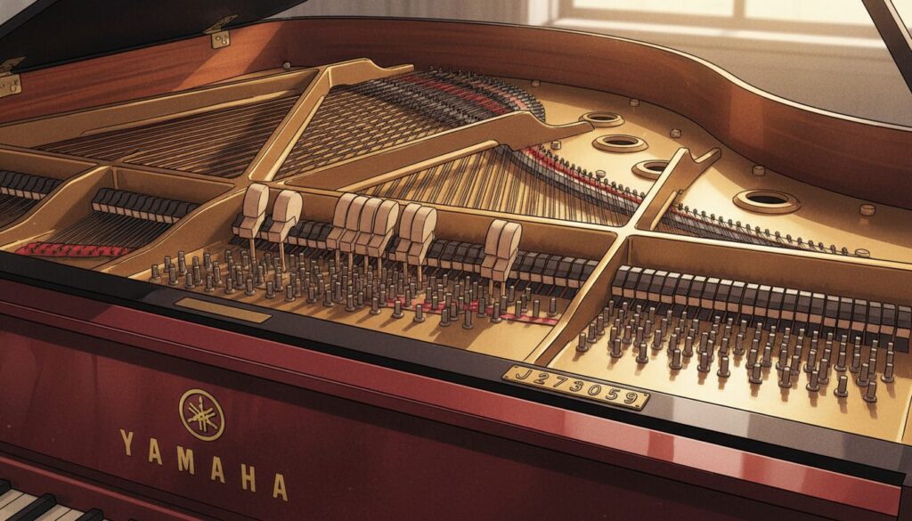 A detailed close-up of the interior of a Yamaha piano, focusing on the area where the serial number is located. The foreground features a polished wooden panel with visible branding and the serial number tag, clearly legible and well-lit. The middle ground reveals the piano strings and hammers, showcasing the craftsmanship of the instrument. A soft, warm lighting casts gentle shadows, creating a cozy atmosphere, while a blurred background highlights the beautiful curves of the piano casing. Capture the entire scene from a slightly angled top-down perspective to emphasize depth and layers, evoking a sense of elegance and nostalgia associated with classical music. The image should be rich in texture and color, showcasing the craftsmanship of Yamaha pianos.