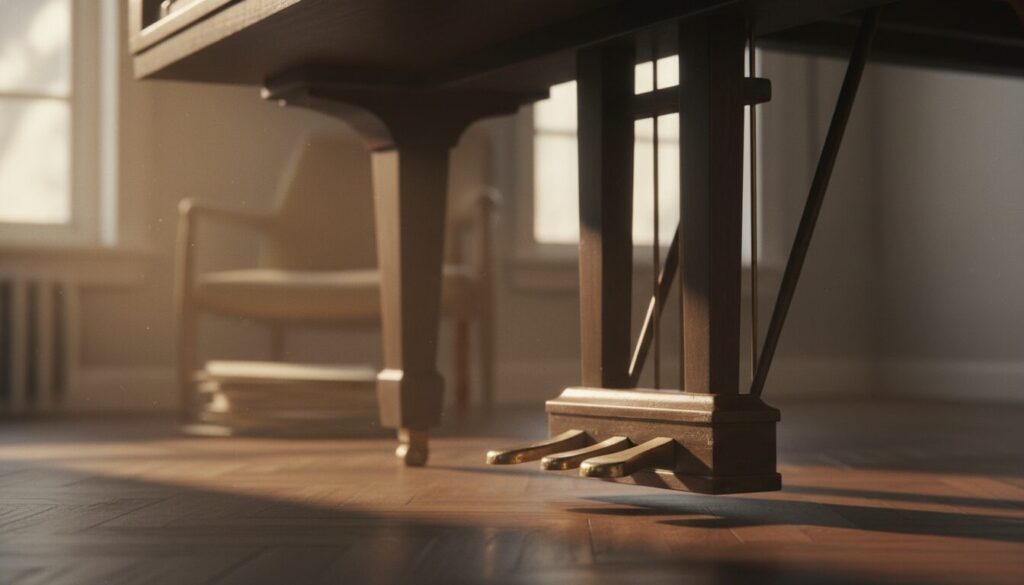 A detailed close-up shot of a grand piano’s three pedals, featuring the soft, glossy finish of the pedals against a rich, polished mahogany piano body. The foreground highlights the pedals: the right is the sustain pedal, the middle is the soft pedal, and the left is the sostenuto pedal, each clearly distinguishable. In the middle ground, softly blurred keys suggest a hint of musical context. The background reveals a dimly lit music room, with warm ambient light filtering through a large window, creating a serene and inviting atmosphere. The angle should emphasize the pedals from a low perspective, offering a unique viewpoint. The scene is devoid of any text or distractions, focusing purely on the elegance and function of the piano pedals.