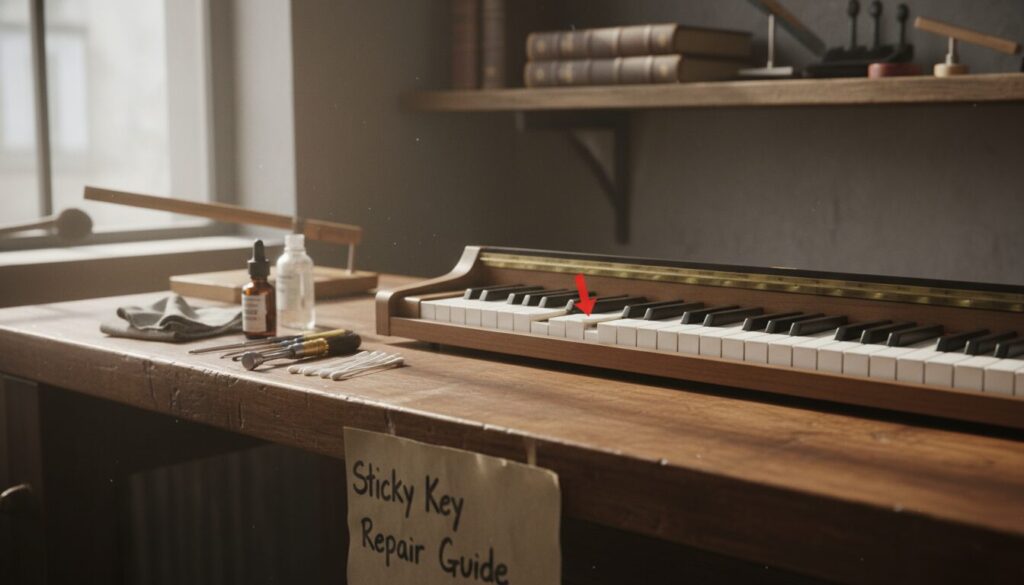 A detailed, informative image depicting a sticky piano key repair guide, set on a wooden workbench. In the foreground, show an open piano keyboard with a close-up of a sticky key, highlighting the mechanism beneath it. Include common repair tools like a screwdriver, lubricant, and cleaning materials arranged neatly beside the keyboard. The middle ground features a well-lit work area, with natural light filtering in from a nearby window, creating a warm and inviting atmosphere. In the background, a shelf displays various piano repair books and tools, softly blurred to maintain focus on the foreground elements. The scene is tidy and organized, emphasizing a professional approach to piano maintenance.