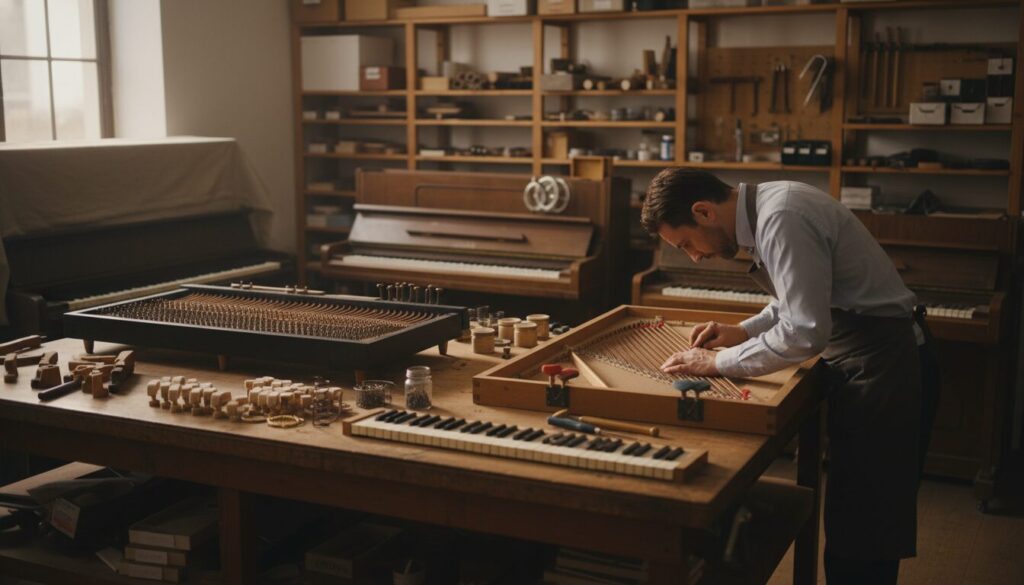 A detailed overview of a piano repair workshop. In the foreground, a skilled technician in professional attire is carefully inspecting a piano soundboard, with tools such as a tuning hammer and wedge clamped nearby. The middle ground features disassembled piano parts, including a prominent pinblock, laid out neatly on a wooden workbench, illustrating the complexity of major repairs. The background reveals a well-organized repair shop, with shelves holding various piano components, tools, and a softened lighting ambiance that creates a focused yet inviting atmosphere. The scene captures the meticulous nature of major piano repairs while conveying professionalism and expertise. Utilize a soft focus for depth, with warm, natural light illuminating the piano parts.