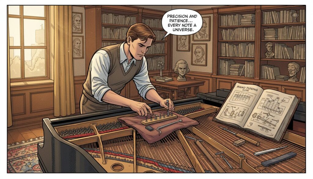 A detailed scene depicting a piano tuning guide in a cozy, well-lit music room. In the foreground, a skilled piano technician, dressed in smart-casual attire, is carefully tuning a grand piano, with a focus on the tuning pins and tools laid out nearby. The middle ground features an open piano tuning manual with diagrams of piano mechanics, emphasizing the importance of understanding the instrument’s anatomy. The background includes shelves filled with music books and framed pictures of famous musicians, creating an inspiring atmosphere. Soft, warm lighting highlights the polished wood of the piano, casting gentle shadows. The overall mood is focused and serene, capturing the essence of nurturing and maintaining a musical instrument.