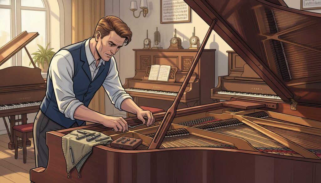 A detailed scene depicting a skilled piano technician performing comprehensive piano tuning and repair services. In the foreground, focus on the technician, a middle-aged man wearing a professional outfit, carefully adjusting the strings of a grand piano with precision tools scattered around him. In the middle ground, showcase the open piano, revealing its intricate inner workings with polished wood and metallic components reflecting soft lighting. The background should feature a cozy, well-lit music studio filled with various pianos, both upright and grand, arranged neatly. The atmosphere is calm and inviting, with warm tones and soft shadows, conveying expertise and attention to detail. Use natural light streaming through a nearby window, casting gentle highlights across the scene to enhance the mood.