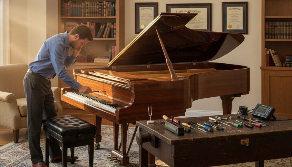 A finely tuned grand piano sits prominently in a softly lit room, showcasing its polished surface reflecting warm, ambient light. In the foreground, a professional piano tuner attentively adjusts the piano's strings, wearing smart casual attire. Carefully arranged tools such as a tuning fork, mutes, and a digital tuner lie beside them on a wooden workbench. The middle background features shelves lined with piano maintenance books and a few framed certificates of training on the walls. The mood conveys professionalism and expertise, with the warm tones creating a welcoming atmosphere. The image focuses on the beauty of the piano and the precision of the tuning process, capturing the essence of comprehensive piano tuning services.