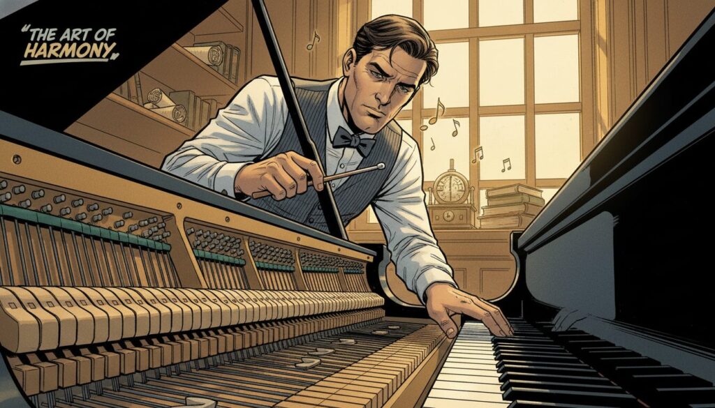 A focused image showcasing the importance of piano tuning and maintenance. In the foreground, a skilled piano tuner in professional attire carefully adjusts a grand piano, using a tuning hammer and mutes. The middle ground features the intricately designed piano keys and hammers exposed, highlighting the craftsmanship of the instrument. The background displays a warmly lit room filled with decorative elements like sheet music and a metronome, creating an inviting atmosphere. Soft, ambient lighting bathes the scene, enhancing the serene, professional mood. The angle captures the tuner’s concentrated expression, emphasizing dedication and skill, while the overall composition reflects the artistry involved in proper piano care.