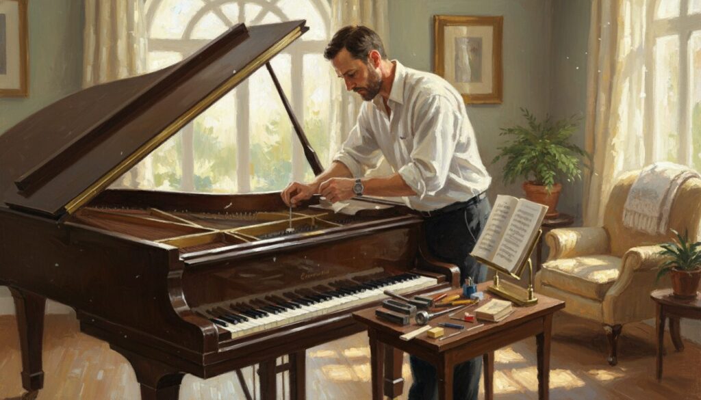 A local piano technician is inside a bright, cozy residential space, working on an elegant grand piano. In the foreground, the technician, a middle-aged Caucasian man in professional attire—a neat shirt and slacks—uses specialized tuning tools, examining the piano's keys with focus and expertise. The middle layer showcases various tools neatly arranged on a small table beside him, including a tuning fork, felt, and a music stand with sheet music. In the background, warm sunlight filters through a large window, highlighting the piano's polished surface and the inviting ambiance of the room. The overall mood is one of professionalism and care, embodying the anticipation of a successful tuning appointment. The image is captured from a slightly elevated angle, creating a sense of depth and emphasizing the craftsmanship involved in piano tuning.