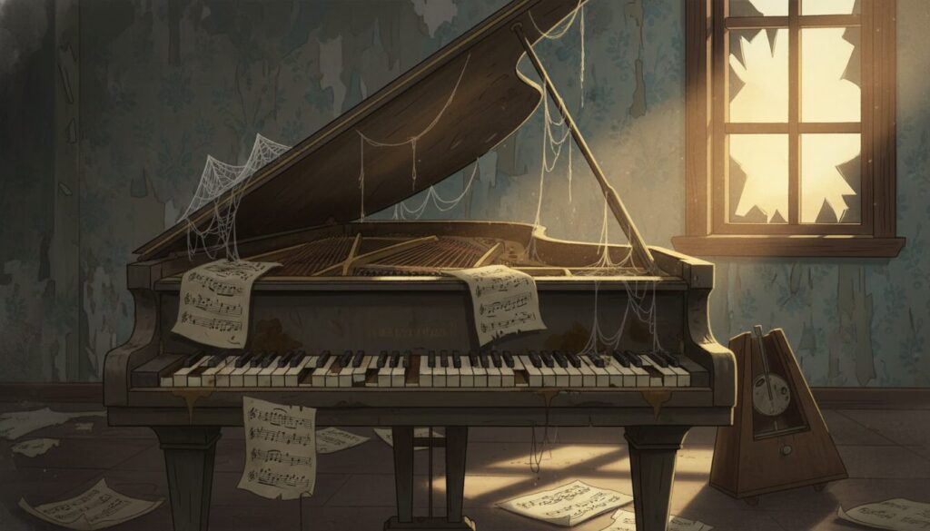 A neglected piano sits in a dimly lit, dusty room filled with cobwebs and scattered sheet music. In the foreground, cracked and yellowed keys reflect signs of decay, showing the toll of 30 years without maintenance. The middle ground features a partially open piano lid, revealing rusty strings that glimmer faintly in the low light, while a discolored metronome sits forlornly beside it. The background includes peeling wallpaper and a broken window, allowing a sliver of warm sunlight to filter in, casting dramatic shadows across the scene. The atmosphere feels heavy with neglect and lost potential, evoking a sense of both beauty and sorrow in this once cherished instrument. The image should be captured with a shallow depth of field, focusing sharply on the piano while softly blurring the background.