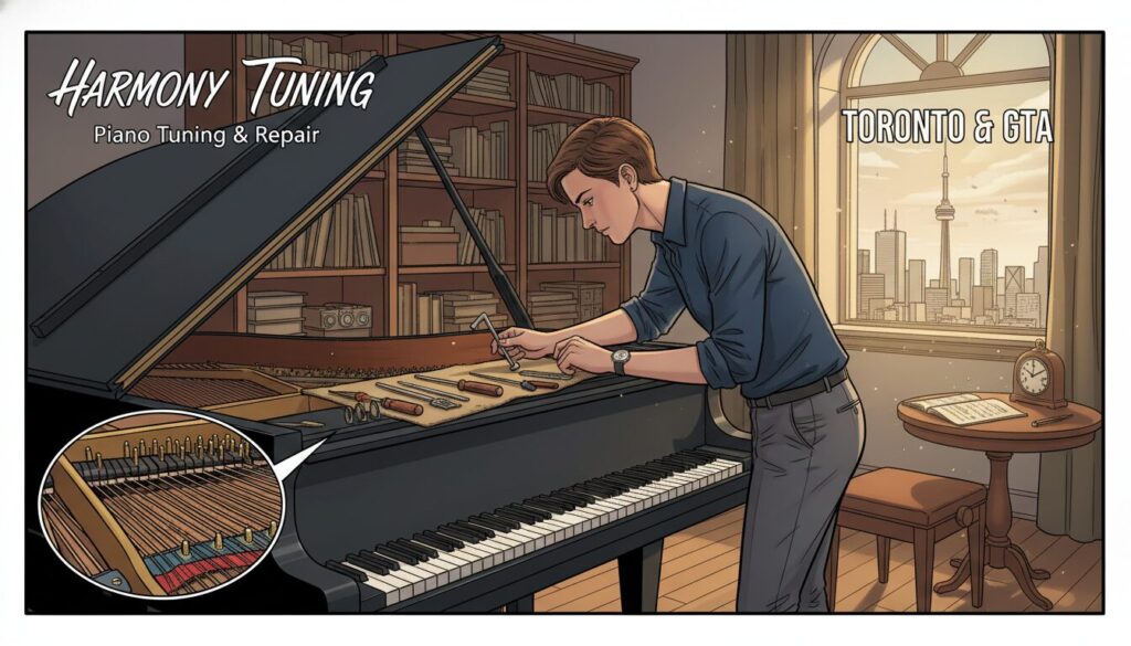 A professional piano technician fine-tuning a grand piano in a softly lit, elegant music studio. The technician, dressed in smart casual attire, focuses intently on the piano, surrounded by various tuning tools and a piano bench. In the foreground, the piano's polished wood highlights its intricate design, with close-up details of the strings and tuning pins visible. The middle ground showcases a well-organized workspace with a few music sheets and an open window allowing natural light to filter in, creating a warm and inviting atmosphere. In the background, shelves lined with musical accessories and a soft-focus of a city skyline hinting at Toronto, emphasizing the service’s location. The overall mood is professional, serene, and dedicated to craftsmanship, ideal for a reliable piano tuning and repair business in Toronto and the Greater Toronto Area.