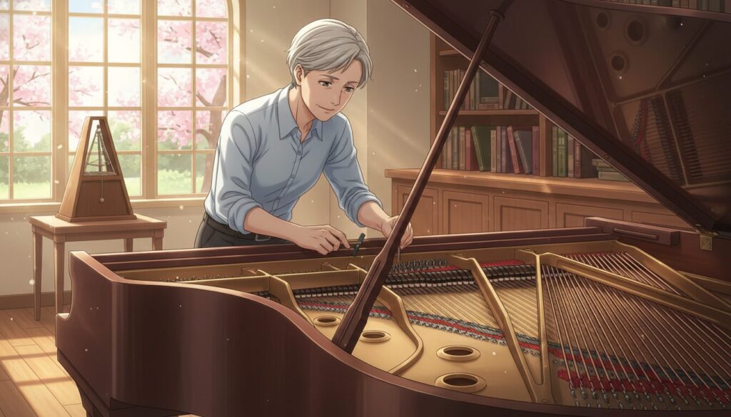 A professional piano technician in a well-lit, elegant room is expertly tuning a grand piano. The technician, a middle-aged individual in smart casual attire, is focused on adjusting the piano strings with precision tools, showcasing a serene expression of dedication. The grand piano, polished to a high sheen, occupies the foreground, with rich wooden finishes and intricate details highlighting its craftsmanship. In the middle ground, a soft-focused window allows natural light to flood the space, casting gentle shadows and creating a warm ambiance. The background features shelves lined with piano tuning books and a metronome, hinting at the expertise and knowledge involved in the art of piano tuning. The overall mood is one of professionalism and tranquility, emphasizing the importance of perfect sound quality.