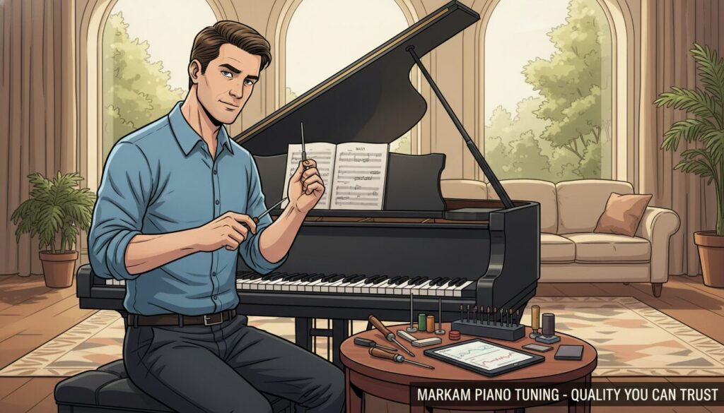 A professional piano tuner adjusting a grand piano in an elegant home setting in Markham. In the foreground, a focused technician in smart casual attire uses a tuning fork and a screwdriver, surrounded by piano tuning tools neatly arranged on a mahogany side table. The middle ground features the grand piano, polished to a high shine, with open sheet music on its stand. In the background, soft natural light streams through large windows, illuminating the warm, inviting room with tasteful decor and a hint of greenery outside. The overall mood is one of professionalism and trust, emphasizing the quality and reliability of piano tuning services in this well-appointed space.