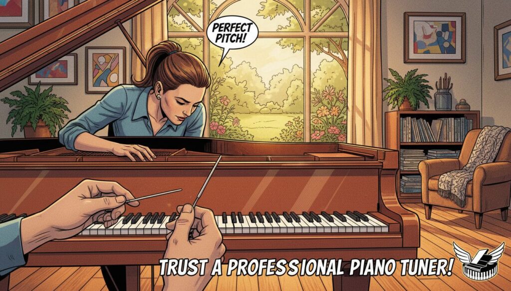 A professional piano tuner carefully adjusting the strings of a grand piano in a bright, inviting room. In the foreground, a close-up view of the technician's hands delicately using a tuning fork and tools, demonstrating precision and skill. In the middle ground, the grand piano gleams with rich wood tones, its keys pristine and polished, accompanied by a vibrant window view showing lush greenery outside. In the background, a cozy music room decorated with tasteful artwork and plants, conveying a sense of warmth and expertise. Soft, natural light filters through the window, creating a calm and focused atmosphere, perfect for showcasing the importance of trusting a professional piano tuner.