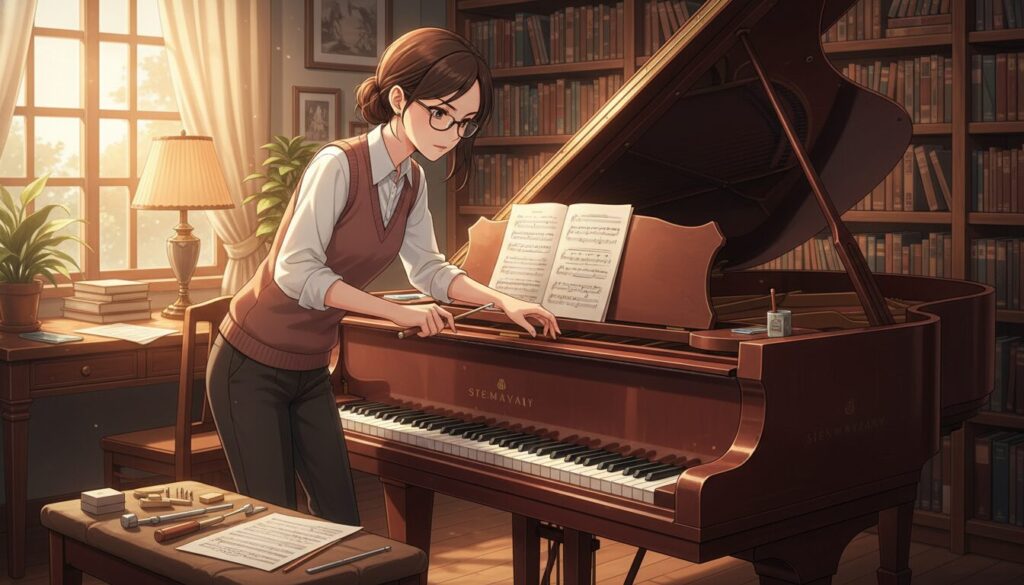 A professional piano tuner in a cozy, well-lit music studio, tuning a grand piano. In the foreground, the tuner, dressed in smart casual attire, is focused on adjusting the piano strings with a tuning hammer, showcasing their expertise. The middle ground features the grand piano, its polished wood reflecting warm light, with sheets of music and piano tools spread out nearby. In the background, shelves are filled with classical music books and a soft, inviting ambiance is created by a lamp casting gentle light. The mood is serene and professional, capturing the essence of intimate piano tuning services, emphasizing skill and dedication in an artistic environment. The image should have bright, warm lighting to evoke a welcoming atmosphere, shot from a slight angle that highlights the piano and tuner harmoniously.