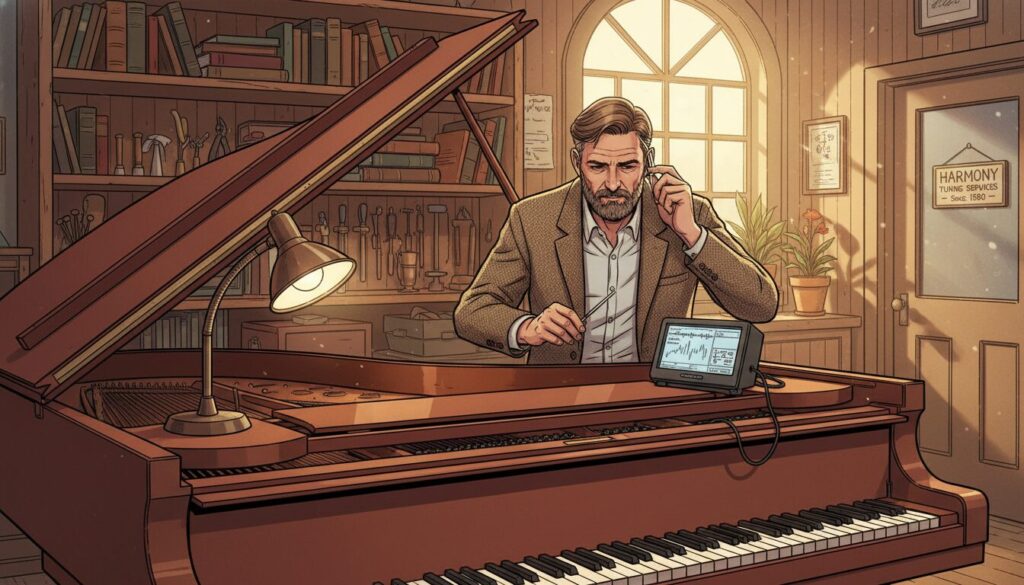 A professional piano tuner in a cozy, well-lit workshop carefully tuning a grand piano. The tuner, dressed in smart casual attire, focuses intently while using precision tools like a tuning fork and a digital tuner. In the foreground, the polished wood of the grand piano glistens under warm, soft lighting, highlighting its craftsmanship. The middle ground features shelves filled with piano maintenance tools and books about piano care, creating an ambiance of expertise. In the background, a large window allows natural light to flow in, casting a gentle glow, complemented by the warm hues of the wooden decor. The atmosphere feels inviting and professional, conveying trust and reliability in piano tuning services.