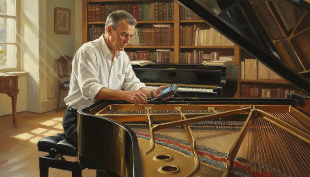 A professional piano tuner in a well-lit, cozy room filled with instruments. The piano tuner, a middle-aged man in a crisp white shirt and dark trousers, is intently focused on tuning a grand piano. He is holding a tuning hammer in one hand and using an electronic tuner in the other. The foreground features the open piano with its intricate interior visible. In the middle, the tuner is positioned to capture his concentration and expertise. In the background, shelves are lined with music books, and a soft, warm light filters through a nearby window, creating a calm and inviting atmosphere. The image should emphasize professionalism, skill, and a passion for music.