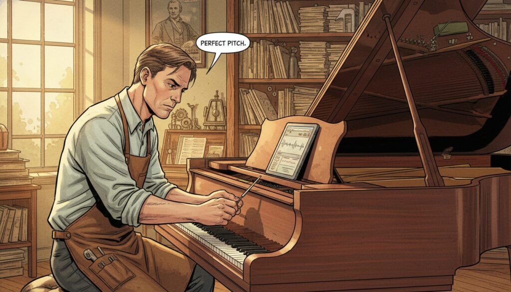 A professional piano tuner meticulously adjusting the strings of a grand piano in a warm, inviting music studio. In the foreground, focus on the tuner, a middle-aged individual dressed in smart-casual attire, concentrating as they use a tuning fork and digital tuner. In the middle ground, showcase the grand piano with its polished wood finish reflecting soft, natural light from a nearby window, highlighting the intricate details of its craftsmanship. In the background, include shelves filled with music sheets and tools of the trade, adding depth and context to the scene. The ambiance should be serene and focused, emphasizing the importance of regular piano tuning in maintaining the instrument's quality and sound. Use soft, diffused lighting to create a calm atmosphere.