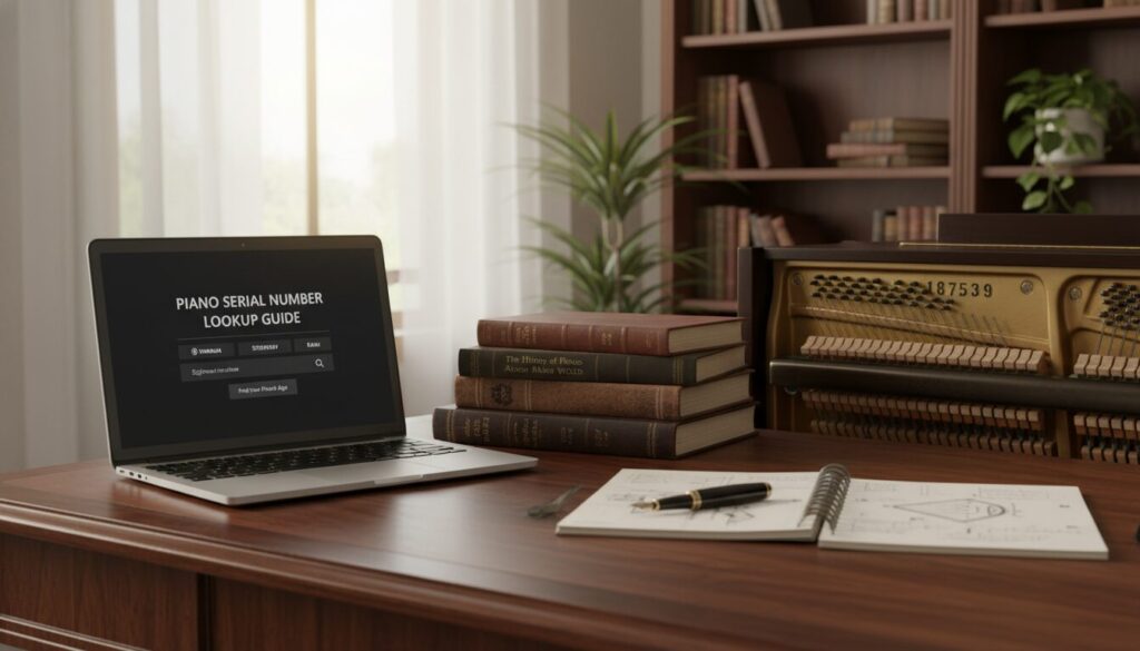 A serene and organized workspace depicting a piano serial number lookup guide. In the foreground, a polished hardwood desk holds an open laptop displaying a webpage with piano serial number resources. Beside it, a close-up of an acoustic piano with its serial number clearly visible on the interior. The middle ground features a neatly arranged stack of reference books about pianos and their histories, alongside a notepad with handwritten notes. In the background, soft natural light filters through a window, creating a calm and inviting atmosphere. The overall mood is one of professionalism and focus, suggesting the importance of accurate piano identification. The composition should emphasize clarity and ease of access to information, ideal for a step-by-step guide.