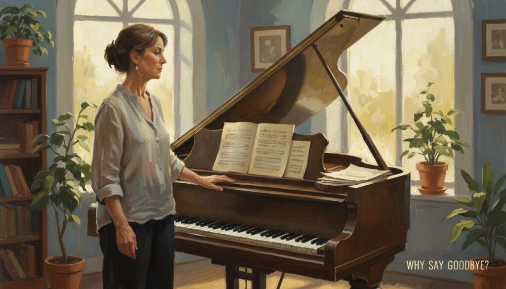 A serene living room scene featuring an older, wooden piano sitting prominently, with its lid open to reveal the keys. In the foreground, a middle-aged woman wearing modest casual clothing gently caresses the piano while gazing thoughtfully at it, evoking emotions of nostalgia and reflection. In the background, natural light filters through large windows, creating a warm and inviting atmosphere. Potted plants add a touch of greenery, and a few sheet music pages can be seen scattered on the piano, hinting at a history of music played. The overall mood should inspire curiosity about the reasons people choose to give away pianos, making it a captivating visual for the article section. The composition should be balanced and focused, with soft lighting enhancing the inviting feel.