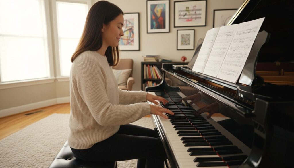 A serene piano practice environment, focusing on a young adult woman dressed in modest casual clothing, seated at a grand piano with proper posture and hand placement, demonstrating optimal technique. In the foreground, her hands glide over the keys with a look of concentration and joy. The middle ground features sheet music beside her, opened to a well-practiced piece. Surrounding her are soft, ambient lighting from a nearby window, casting gentle rays across the piano, enhancing the warm atmosphere of dedication and focus. In the background, a calming room decorated with music-related artwork and a plush rug invites viewers into this peaceful practice space. The overall mood is inspiring and motivating, capturing the essence of effective piano practice.