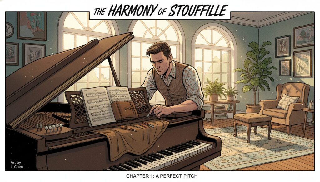 A serene scene of a piano tuner in Whitchurch-Stouffville, set in a cozy, well-lit living room filled with natural light filtering through large windows. In the foreground, a professional piano tuner, dressed in smart casual attire, carefully adjusts the strings of a grand piano. The middle ground features the piano itself, polished and elegant, with sheet music scattered nearby, hinting at a creative atmosphere. In the background, soft colors of the room create a warm and inviting environment, complemented by potted plants and tasteful decor. The overall mood is artistic and tranquil, capturing a moment of craftsmanship and dedication. The image should maintain a clear focus on the piano and the tuner, emphasizing the profession's artistry without any distractions.