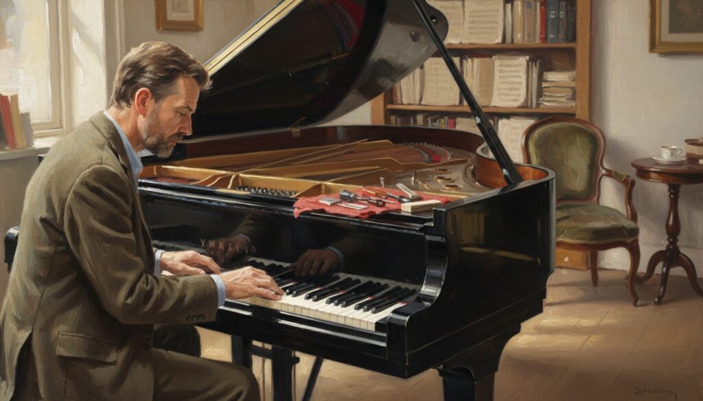 A skilled piano tuner adjusting the strings of a grand piano in a well-lit, inviting home studio. In the foreground, the piano tuner, a middle-aged professional in a smart-casual outfit, focuses intently on the piano keys, tools neatly arranged beside them. In the middle ground, a sleek grand piano reflects warm, ambient lighting, showcasing its polished wood finish and intricate details. Soft natural light streams through a nearby window, casting gentle shadows, enhancing the cozy, professional atmosphere of the studio. In the background, shelves filled with musical scores and a comfortable seating area emphasize the musician's environment, evoking a sense of expertise and care in the piano tuning process.