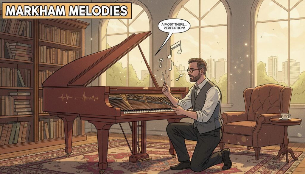 A skilled piano tuner carefully adjusts a grand piano in a bright, inviting music studio in Markham. In the foreground, focus on the tuner, a middle-aged man in professional attire, intently listening to the piano's sound while using a tuning fork. The grand piano, polished and rich in color, is positioned on a plush, elegant rug that adds warmth to the scene. In the middle ground, shelves lined with music books and a cozy armchair create a welcoming atmosphere. In the background, large windows let in soft, natural light, illuminating dust particles in the air and creating a serene ambiance. The mood is focused yet relaxed, highlighting the importance of quality piano tuning in fostering musical excellence.