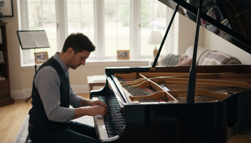 A skilled piano tuner in a bright, inviting Scarborough home, focused intently on a grand piano. In the foreground, the tuner, dressed in smart casual attire, is kneeling beside the piano, adjusting the tuning pins with precision tools. The middle layer features the sleek, polished grand piano with its open lid revealing the intricate inner workings, including strings and hammers. In the background, a cozy room with soft, natural light streaming through large windows creates a warm atmosphere, adorned with framed music sheets and a music stand. The scene conveys professionalism and expertise, with a sense of calm dedication to delivering quality service. Use a sharp focus on the piano tuner and a softly blurred background to emphasize the craftsmanship involved in piano tuning.