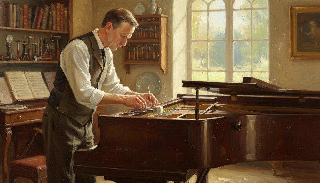 A skilled piano tuner in a cozy, well-lit room with vintage decor, using precision tools to adjust the strings of a grand piano. The tuner, a middle-aged Caucasian man in professional attire, exhibits concentration and expertise. In the foreground, the grand piano glistens under soft, warm lighting, highlighting its polished wood finish and intricate details. In the middle ground, shelves filled with piano tuning tools and a few classical music books create an inviting atmosphere. The background features a large window with soft, natural light filtering in, illuminating the scene, giving it a serene and focused ambiance. The overall mood is professional and dedicated, reflecting high-quality piano tuning and repair services.