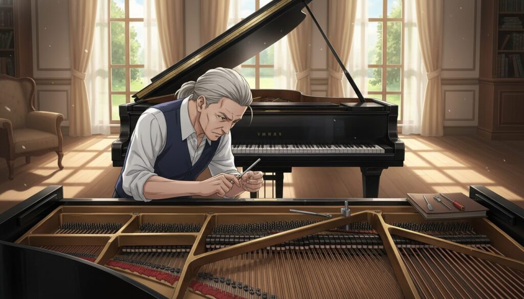 A skilled piano tuner meticulously adjusting the strings of an elegant grand piano, focusing in the foreground. The tuner, a middle-aged individual in professional attire, showcases concentration and expertise. In the middle ground, a well-lit room emphasizes the piano's polished surface and intricate details, while a tuning fork rests nearby, hinting at the tactile nature of the art. The background features soft, ambient lighting filtering through large windows, casting gentle shadows that create a warm, inviting atmosphere. The overall mood reflects professionalism and dedication to achieving perfect sound quality, inviting the viewer into a serene space dedicated to the craft of piano tuning.
