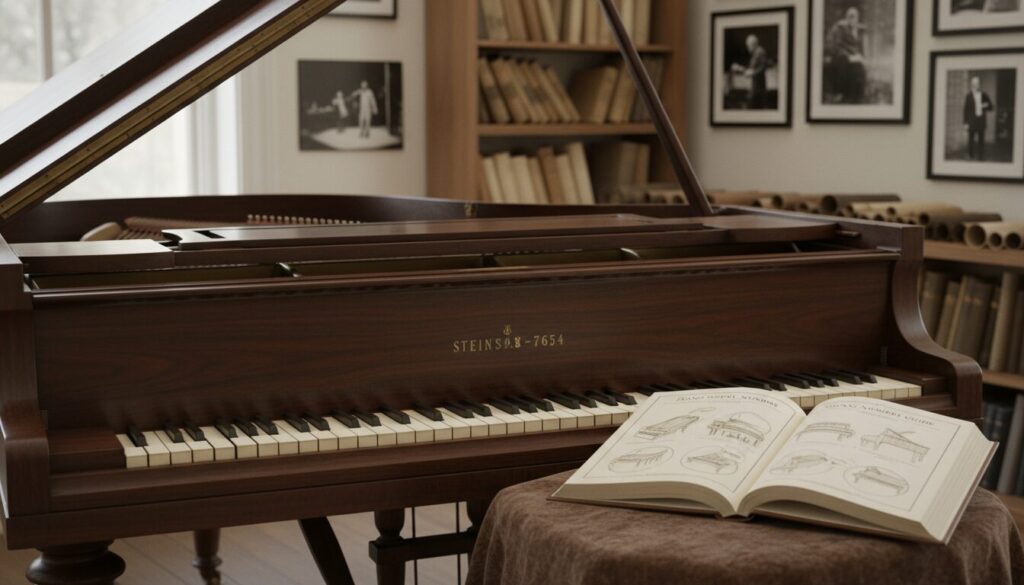 A vintage piano prominently displayed in the foreground, showcasing its elegant wooden finish and intricate key details. The piano’s interior is slightly open, revealing its strings and hammers, to illustrate the craftsmanship behind its design. In the middle ground, a well-organized serial number lookup guide lies open, featuring illustrations of various serial number placements and examples from different piano brands. The background is softly blurred, hinting at a cozy music studio with warm lighting, shelves filled with music sheets, and framed photos of piano performances. The atmosphere is inviting and educational, evoking a sense of curiosity and appreciation for the nuances of piano manufacturing. Capture the scene with natural lighting, a slight angle to emphasize the piano's features, and a shallow depth of field for a professional look.