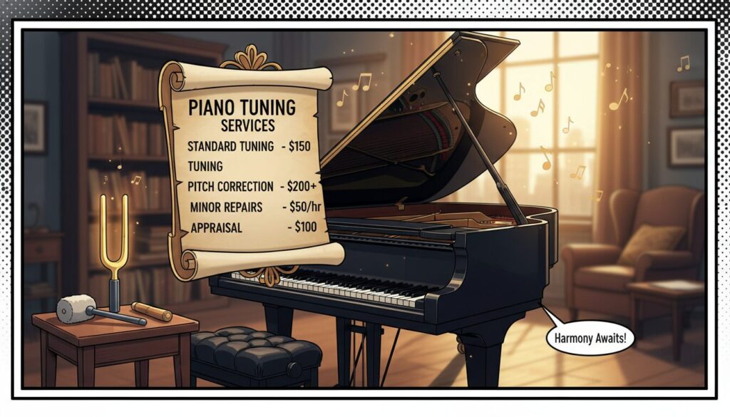 A visually engaging pricing guide for piano tuning, designed for clarity and professionalism. In the foreground, an elegant grand piano with polished black finish, its lid slightly open, revealing the intricate strings inside. To the left, neatly arranged tuning tools like a tuning fork and a hammer on a polished wooden table. In the middle, a well-organized pricing chart displayed on a sophisticated paper layout, featuring various tuning services and their prices, in a sleek, modern font. The background shows a softly blurred interior of a music studio, with warm lighting that creates a welcoming atmosphere. The scene captures a sense of professionalism, clarity, and musicality, ideal for guiding potential customers on piano tuning costs.