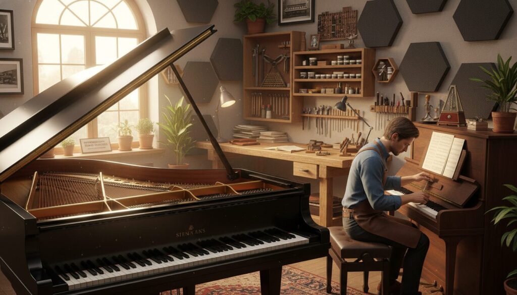 A warm and inviting music studio showcasing various comprehensive piano services. In the foreground, a polished grand piano with an open lid, revealing its intricate strings and hammers, glimmers under soft, natural light filtering through a large window. To the side, a professional technician in smart casual attire meticulously tuning a nearby upright piano, focused and skilled. In the middle ground, shelves filled with piano maintenance tools and soundproofing panels add detail and context. The background showcases a neatly organized workspace with sheet music and a metronome, creating an atmosphere of dedication to quality piano care. The overall mood is professional yet welcoming, emphasizing trust and expertise in piano services, with a gentle focus on the art of tuning and maintenance.