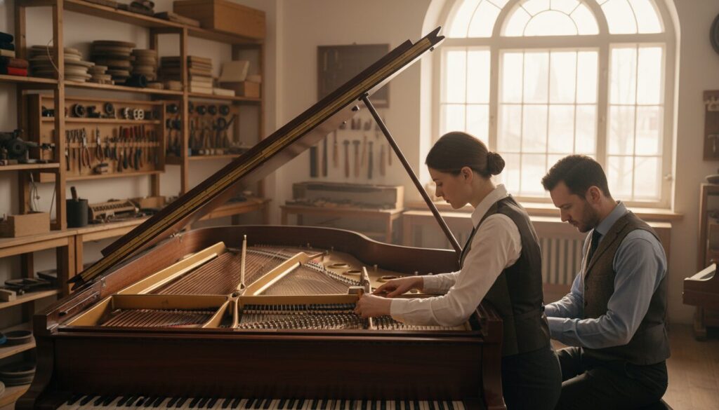 A warm and inviting piano workshop, featuring two expert piano technicians meticulously tuning a grand piano. In the foreground, one technician is adjusting strings with precision tools, wearing a smart casual outfit. The other technician checks the piano’s keys, focused and attentive. The middle ground showcases a beautifully polished grand piano with its lid open, revealing the complex internal mechanism. The background includes shelves lined with piano parts and tools, along with a softly lit window casting natural light across the scene, creating a serene atmosphere. The mood is professional yet approachable, emphasizing expertise and care, perfect for showcasing skilled craftsmanship in piano tuning.